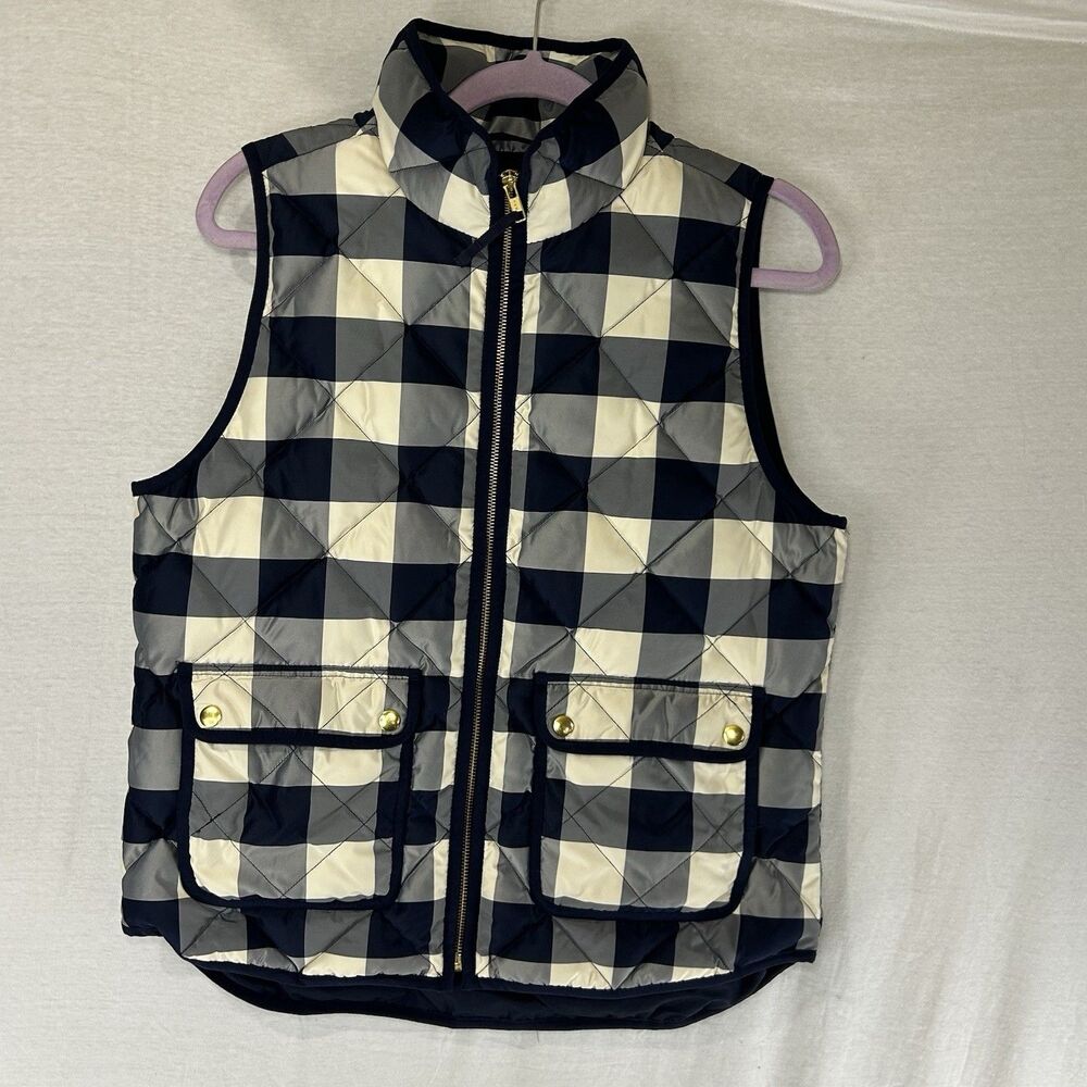 J. Crew Excursion Quilted Puffer Down-Filled Vest Full Zip Navy Plaid Women’s M